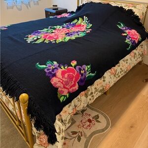 Vintage Black Floral Hooked Throw Blanket